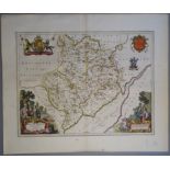 A C17th hand coloured copper engraved map of Monmouthshire by William Blaeu, c1645