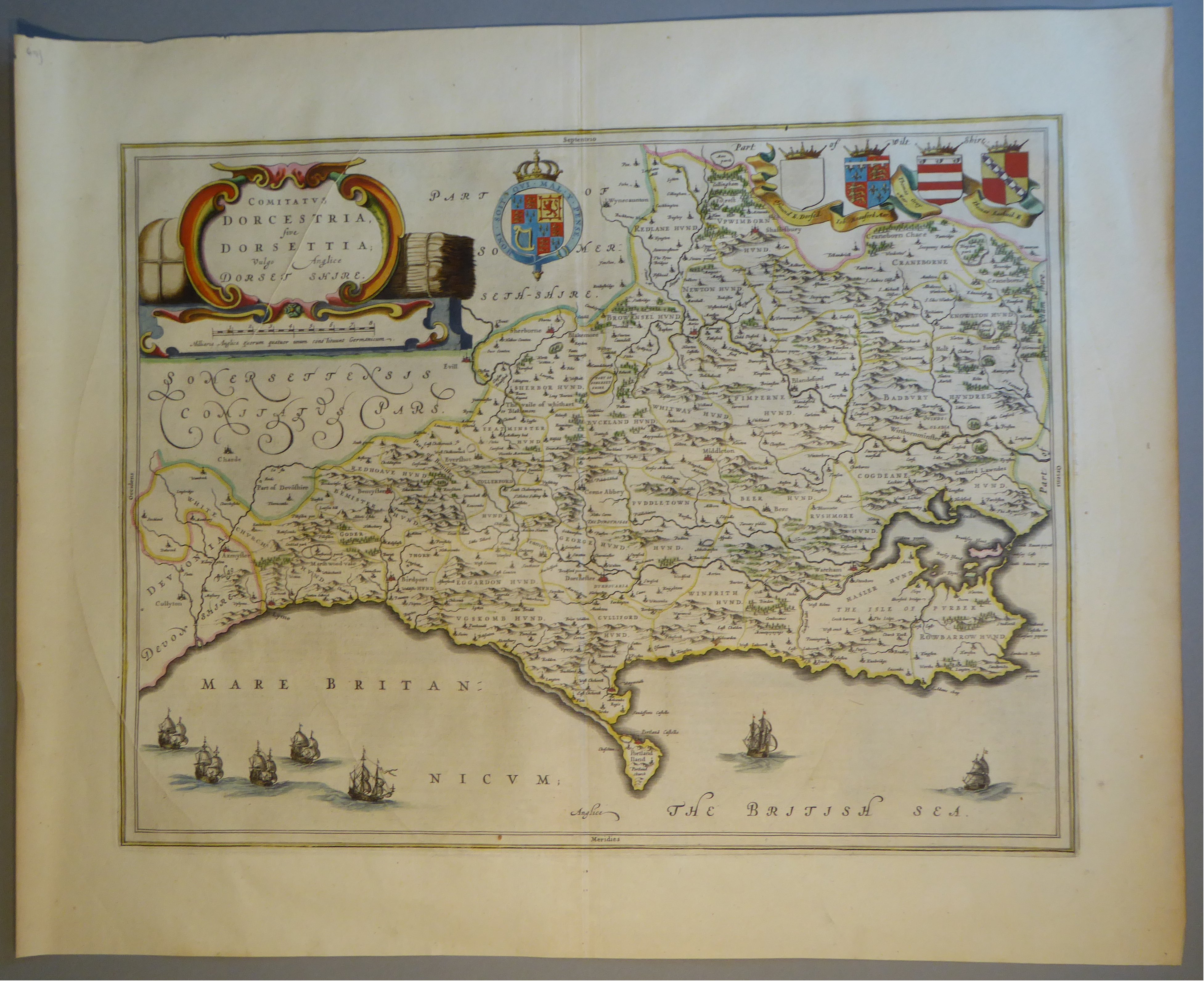 A C17th hand coloured copper engraved map of Dorsetshire by William Blaeu, c1645