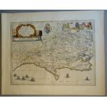 A C17th hand coloured copper engraved map of Dorsetshire by William Blaeu, c1645