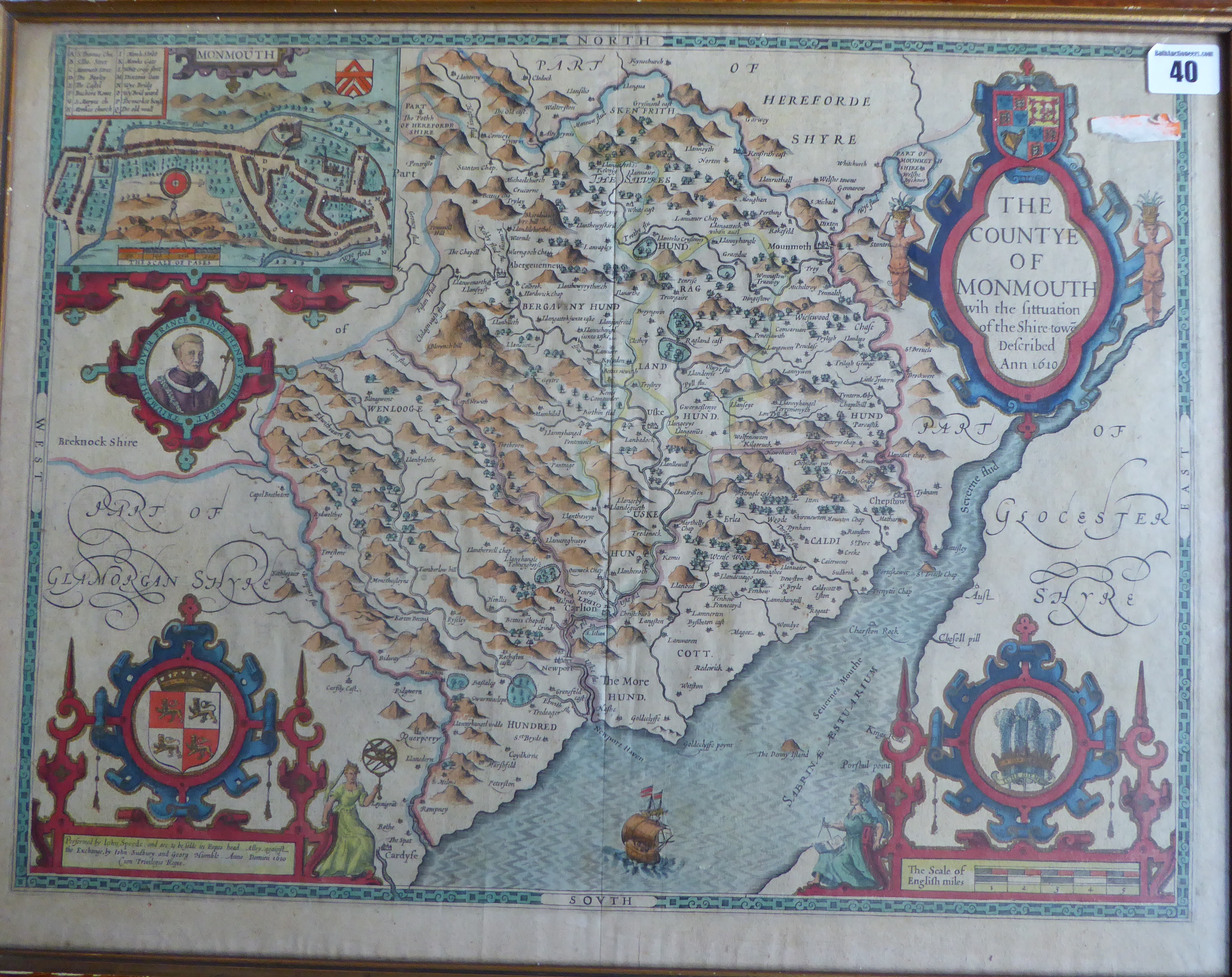 A C17th hand coloured copper engraved map of Monmouth 1612 edition by John Speed