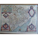 A C17th hand coloured copper engraved map of Monmouth 1612 edition by John Speed