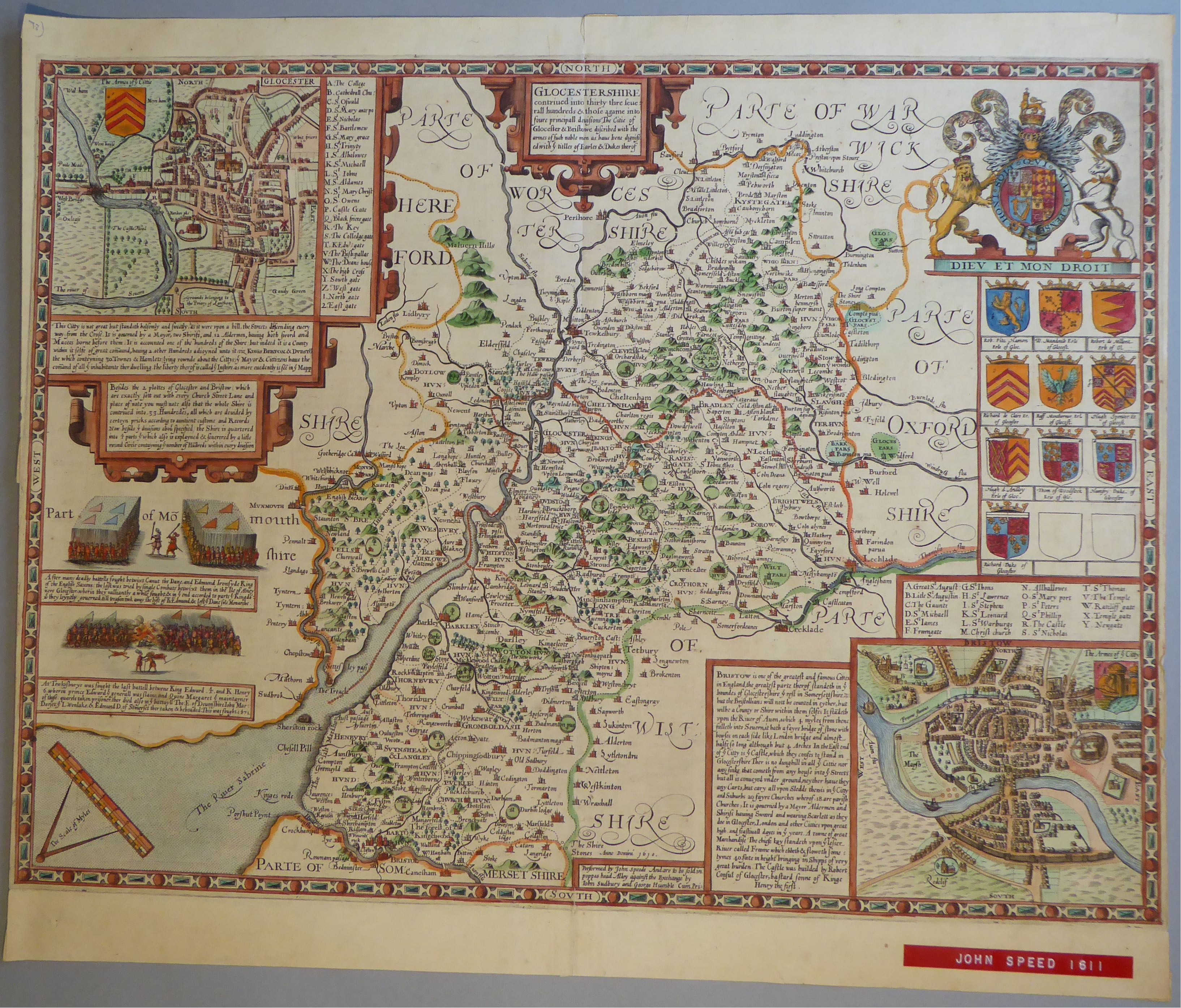 A C17th hand coloured copper engraved map of Gloucestershire by John Speed, c1612