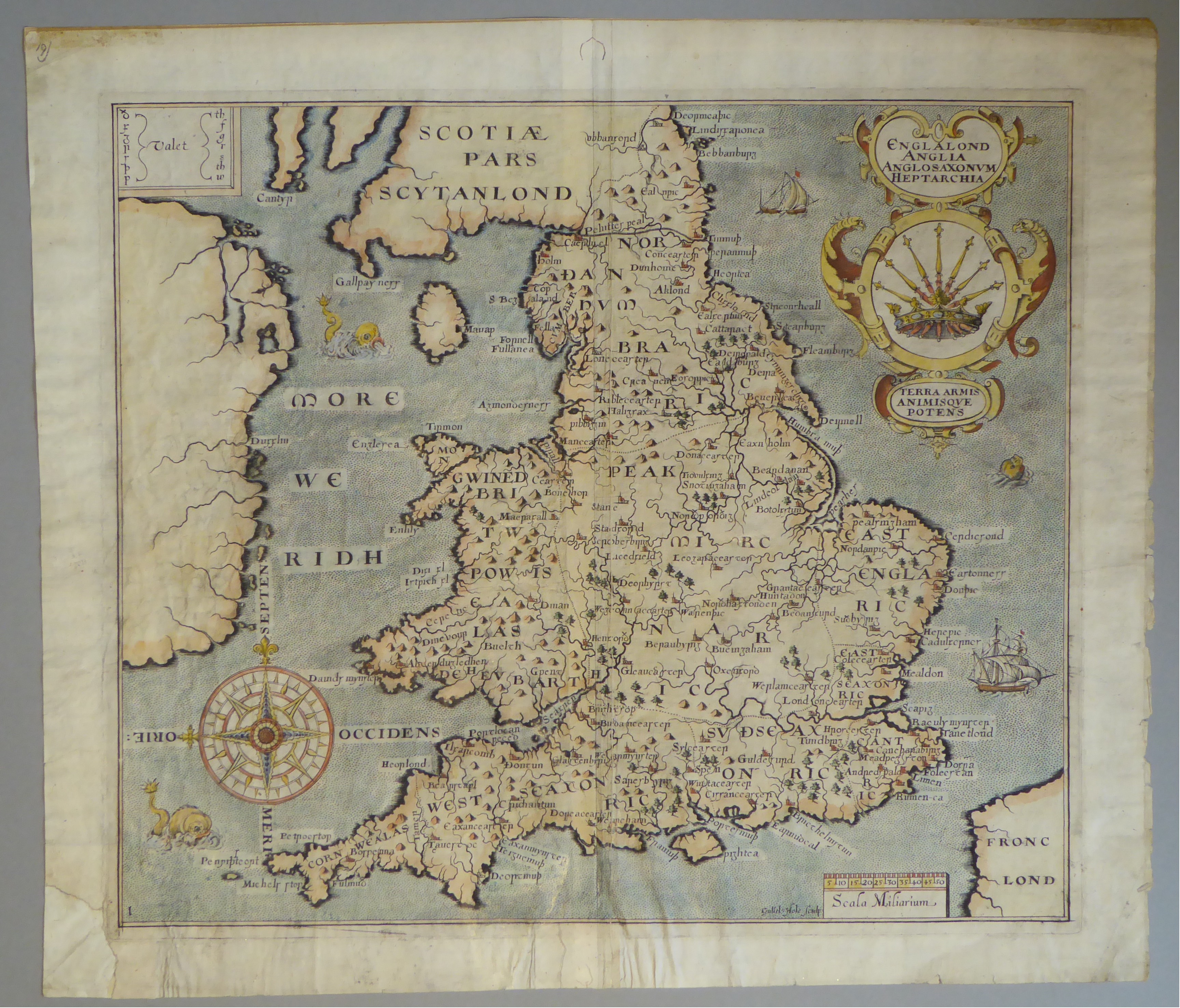 A C17th hand coloured copper engraved map of England & Wales by William Hole c1637