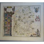 A C17th hand coloured copper engraved map of Wiltshire by William Blaeu, c1645