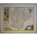 A C17th hand coloured copper engraved map of Devonshire by William Blaeu, c1645
