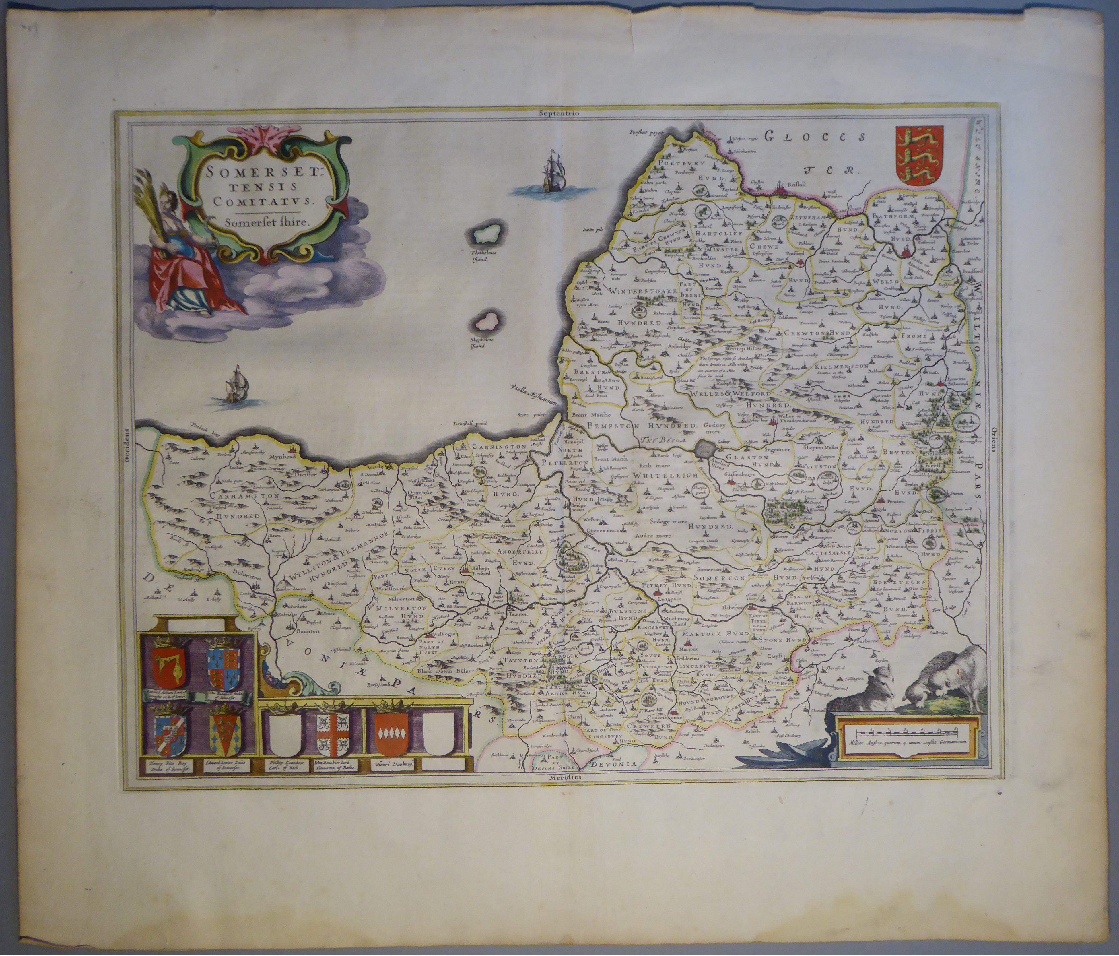 A C17th hand coloured copper engraved map of Somersetshire by William Blaeu, c1645