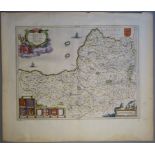 A C17th hand coloured copper engraved map of Somersetshire by William Blaeu, c1645