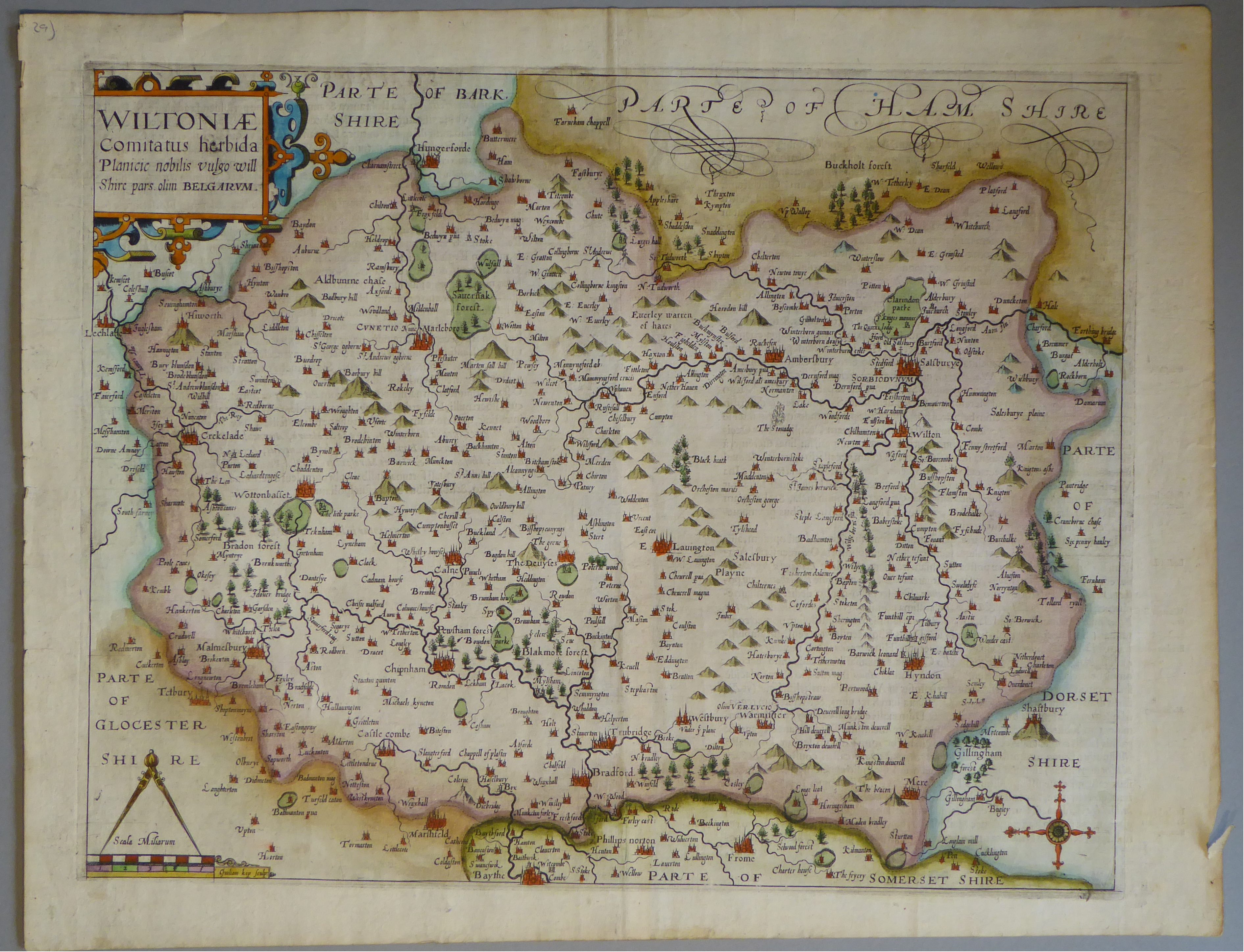 A C17th hand coloured copper engraved map of Wiltshire by William Kip c1607