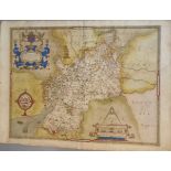 A C16th hand coloured copper engraved map of Gloucestershire by Christopher Saxton c1579