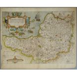 A C17th hand coloured copper engraved map of Somersetshire by William Kip c1637