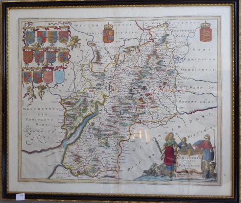 A C17th hand coloured copper engraved map of Gloucestershire 1645 edition by William Jousz Blaeu