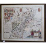 A C17th hand coloured copper engraved map of Gloucestershire 1645 edition by William Jousz Blaeu