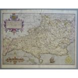 A C17th hand coloured copper engraved map of Dorsetshire by William Kip c1637