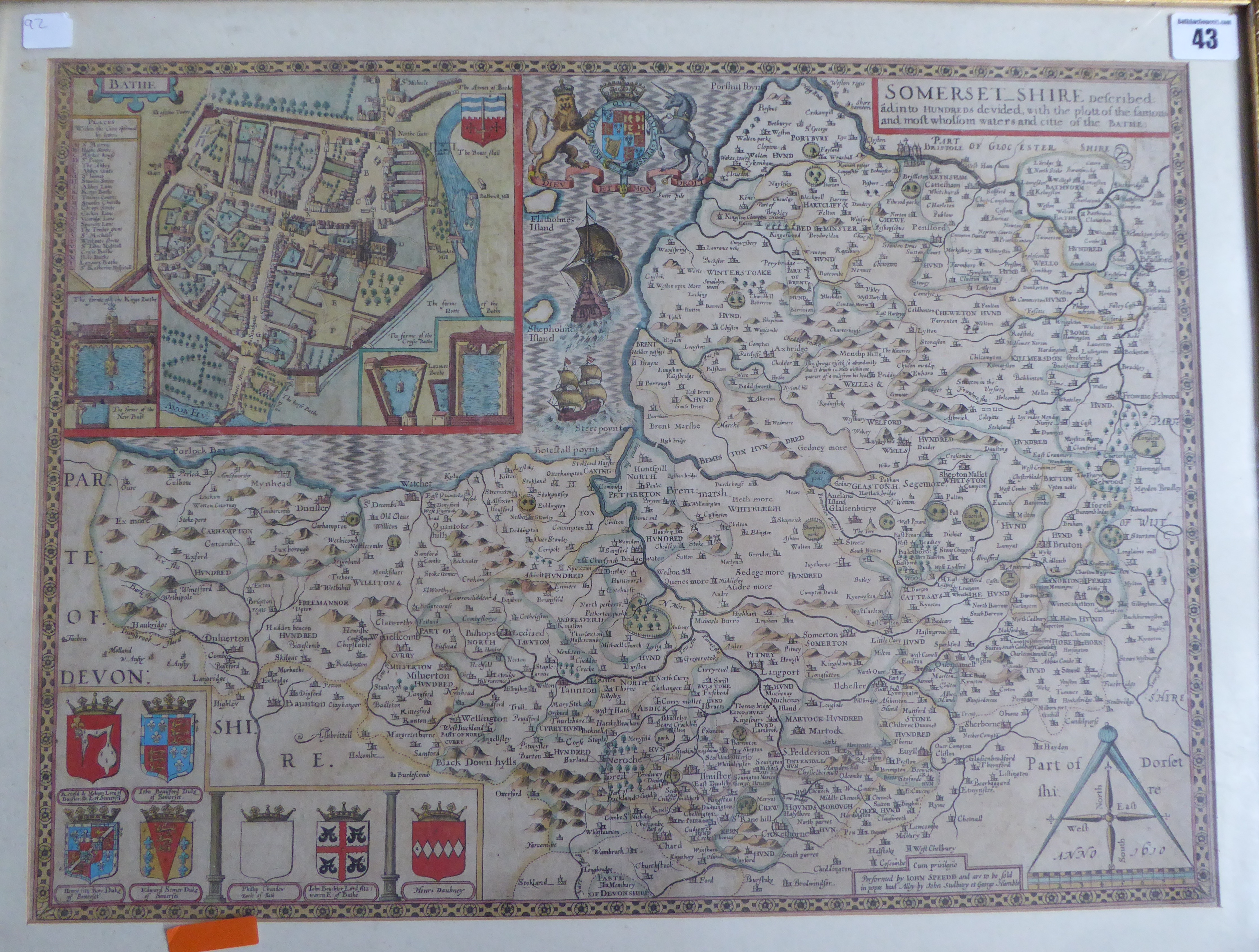 A C17th hand coloured copper engraved map of Somerset c1629 by John Speed