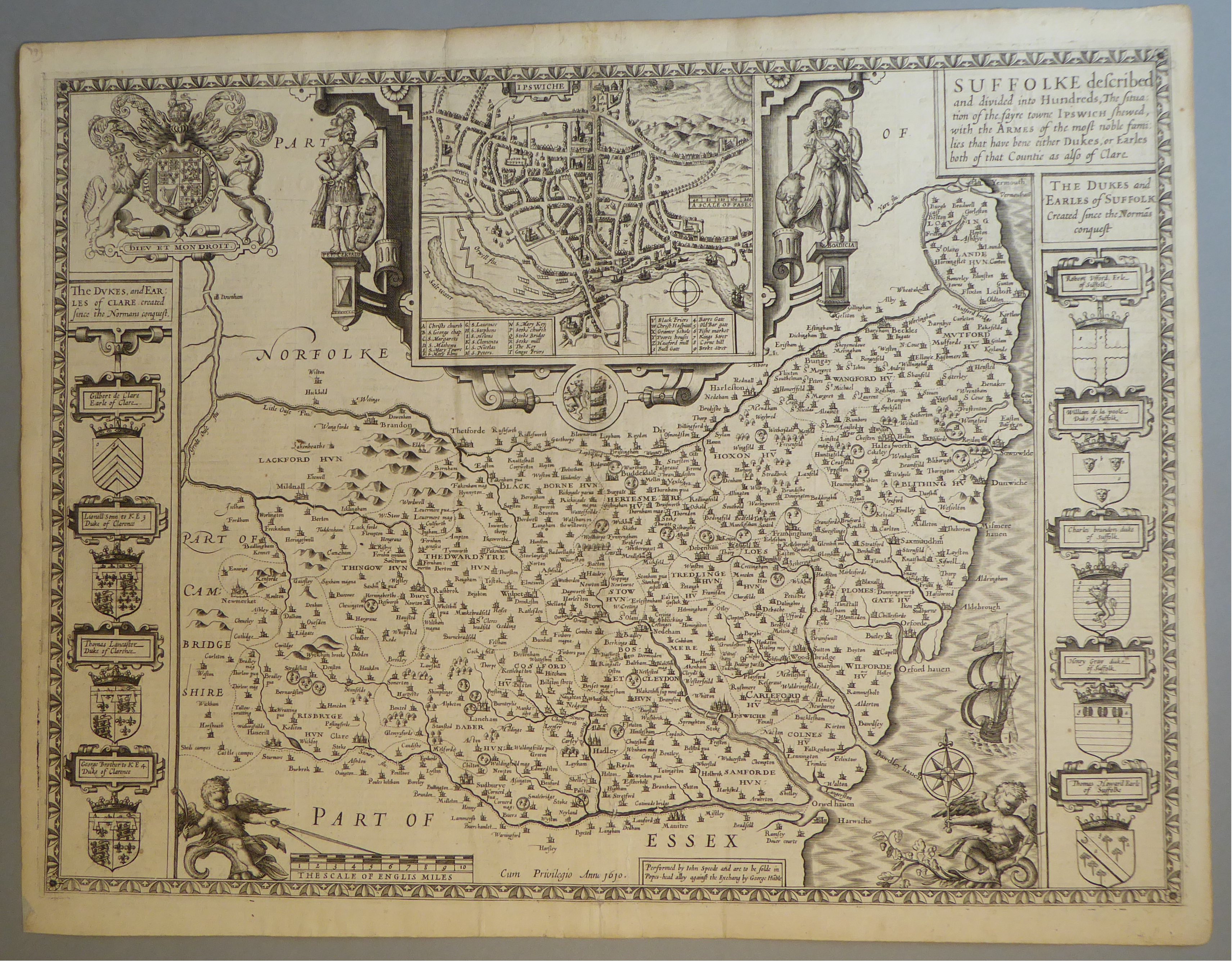 A C17th Black & White copper engraved map of Suffolk by John Speed, c1612