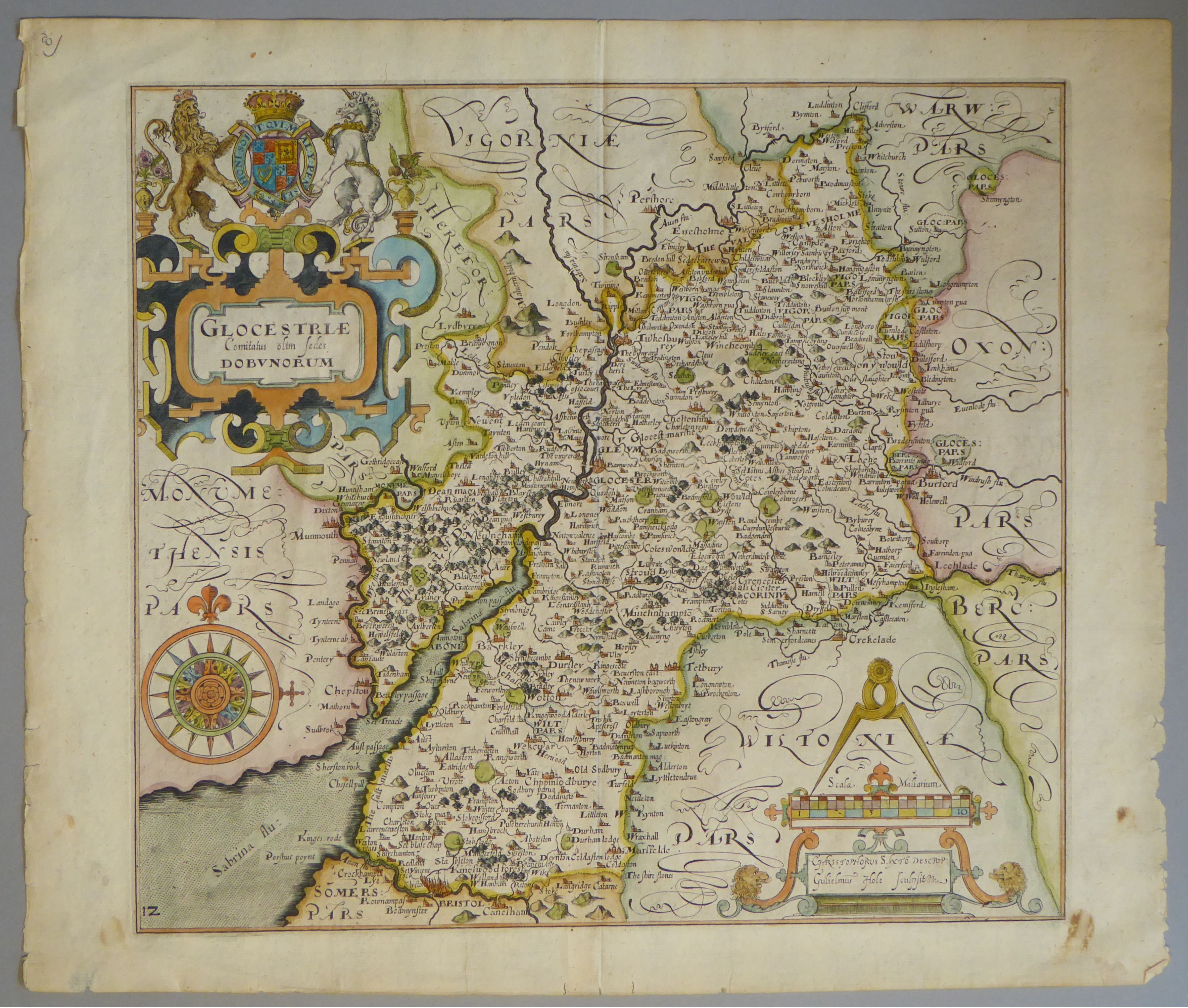 A C17th hand coloured copper engraved map of Gloucestershire by William Hole c1637