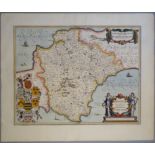 A C17th hand coloured copper engraved map of Devonshire by Johann Jansson, c1650