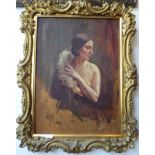 Oil on board, unsigned. A three quarter sketch study of a Lady with a boa. Bloomsbury school late