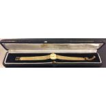 A Ladies 9ct gold Omega bracelet/cocktail watch with gold plated chain-link strap in box L16.5cm