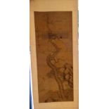 A Chinese C19th Ming style scroll depicting mountainous scene with cherry blossom tree, prunus,