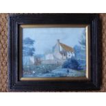 A pair of 19th century French gouaches -  village and river scenes in ebonised and reeded frames.