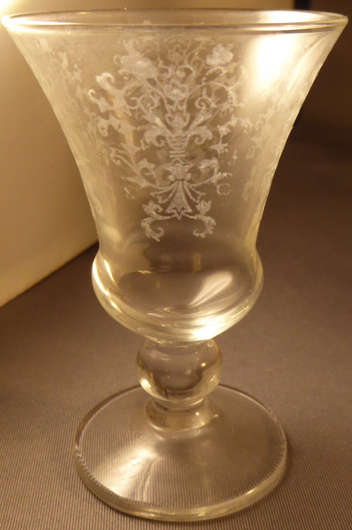 A set of 9 C19th port/sherry glasses , the repeating foliate etched sides on flared rim H 7.5cm - Image 2 of 2