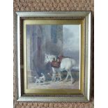 A Victorian watercolour of a horse with dogs. H21.5cm W17.7cm