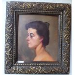 Oil on board in carved and gilt frame, unsigned. Portrait profile of a lady 20th century. H34cm