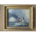 A pair of 19th century Dutch oil on canvas scenes in gilt frames. A ship on stormy sea with Dutch