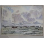 A pair of watercolour pictures by John Mortimer, one of boats in harbour with cloudy skies, one of