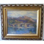 Oil on canvas in gilt frame, signed "A W Enness" 1876-1948 "Llanelltid" Landscape with bridge.