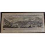 glazed and framed print of C18th hand coloured etching of the South East prospect of the city of