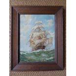 A 19th century oil on board of a sailing vessel, possibly Ruskin monogram. In an oak frame. H39cm