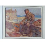A watercolour of West Country fisherman seated on sea wall by port by Henry Silkstone Hopwood