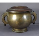 A Chinese Bronze C19th Qing Dynasty silver inlaid twin handled censer with traditional