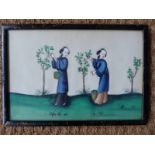 A pair of Chinese paintings on rice paper in black lacquer and gilt spattered frames.