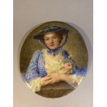 An enamel on copper portrait of a Lady holding a bunch of flowers, oval, H10.4cm W10.3cm