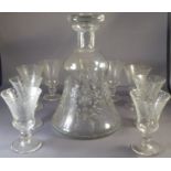 A set of 9 C19th port/sherry glasses , the repeating foliate etched sides on flared rim H 7.5cm