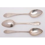 A set of three George III provincial Scottish silver pointed Old English pattern tablespoons,