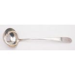 A George II Irish silver pointed Old English pattern soup ladle, maker's mark worn, Dublin,