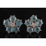 A pair of aquamarine and diamond circular cluster ear-studs: each with a central small diamond