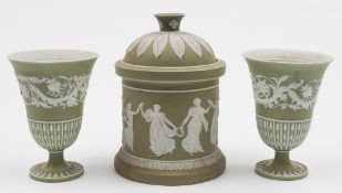 A Wedgwood sage jasper ware tobacco jar and cover and a pair of vases: the former decorated in