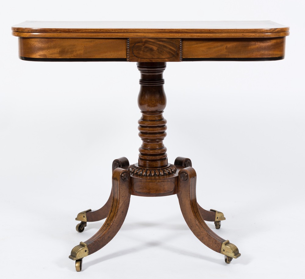 A Regency mahogany, inlaid and crossbanded rectangular tea table:,