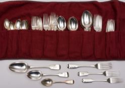 A matched service of fiddle pattern flatware, various makers and dates:, includes five tablespoons,