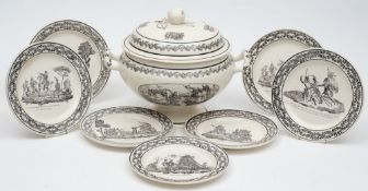 Seven Criel Faience Fine plates and a similar soup tureen and cover: each printed in black with
