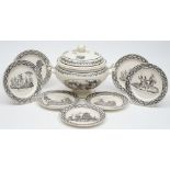 Seven Criel Faience Fine plates and a similar soup tureen and cover: each printed in black with