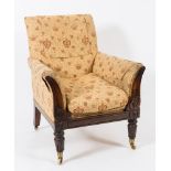 A Regency carved rosewood armchair:, with upholstered stuff over back,