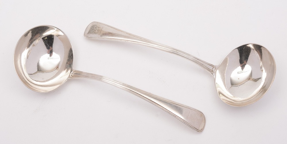 A pair of George III silver Old English thread pattern sauce ladles,