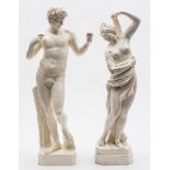 A pair of large Nove creamware figures: , he modelled standing before a stump wearing a fig leaf,