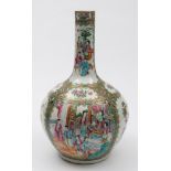 A Canton porcelain bottle vase: enamelled front and verso in the typical palette with panels